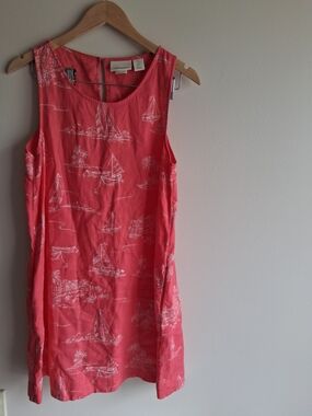Cythnia Rowley Coral Sailboat Print Sleeveless Shift Linen Dress
